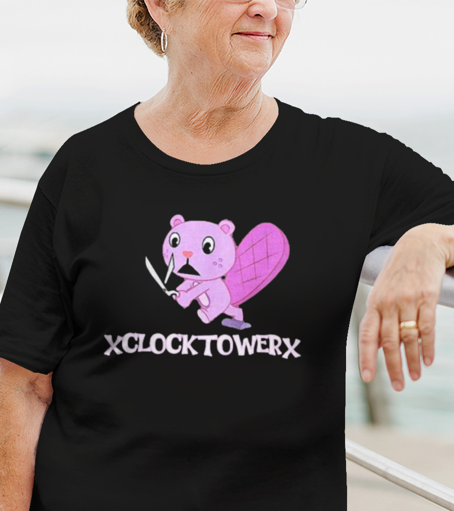 XCLOCKTOWERX Running With Scissors Pink Cartoon Beaver T-Shirt
