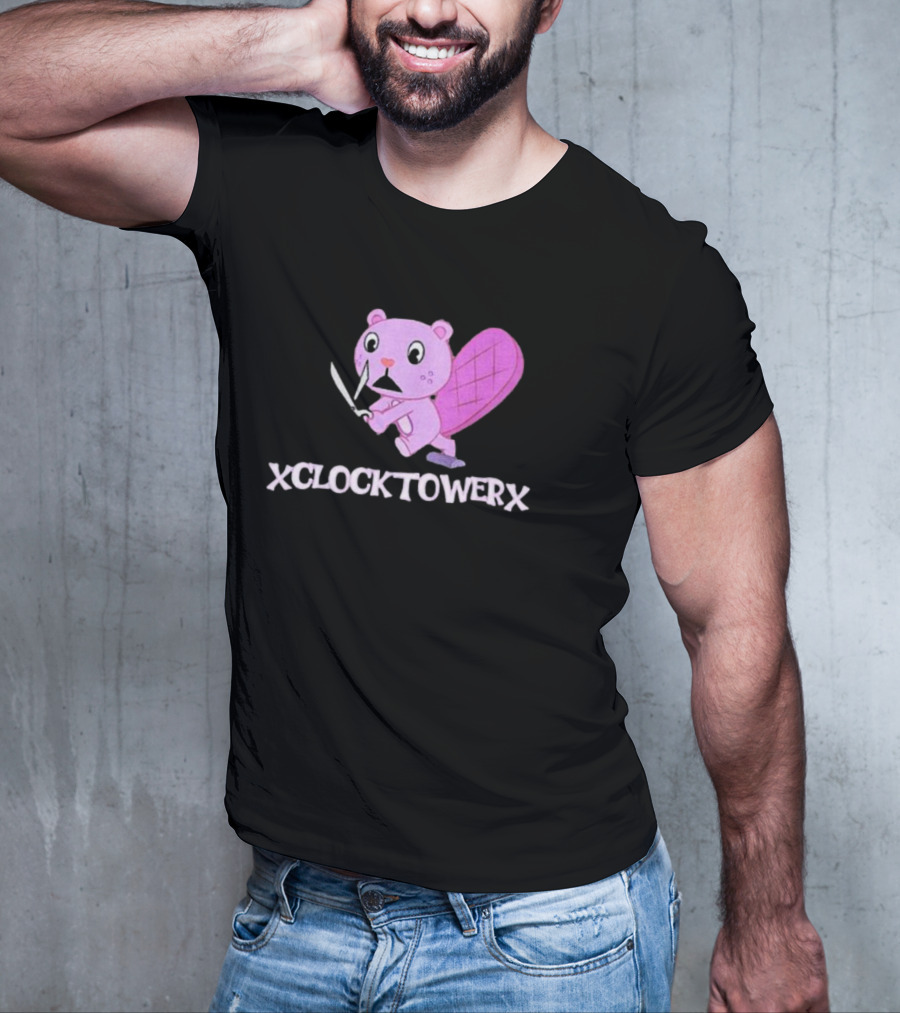 XCLOCKTOWERX Running With Scissors Pink Cartoon Beaver T-Shirt