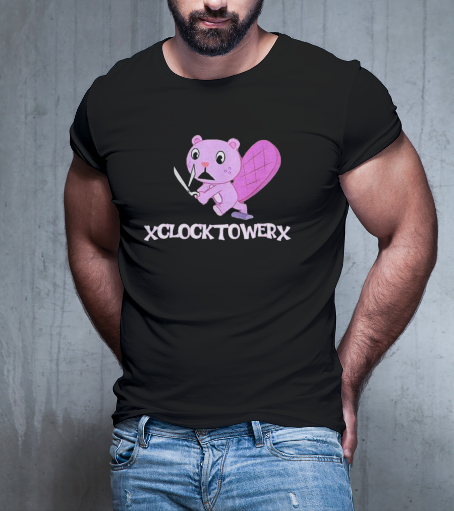 XCLOCKTOWERX Running With Scissors Pink Cartoon Beaver T-Shirt