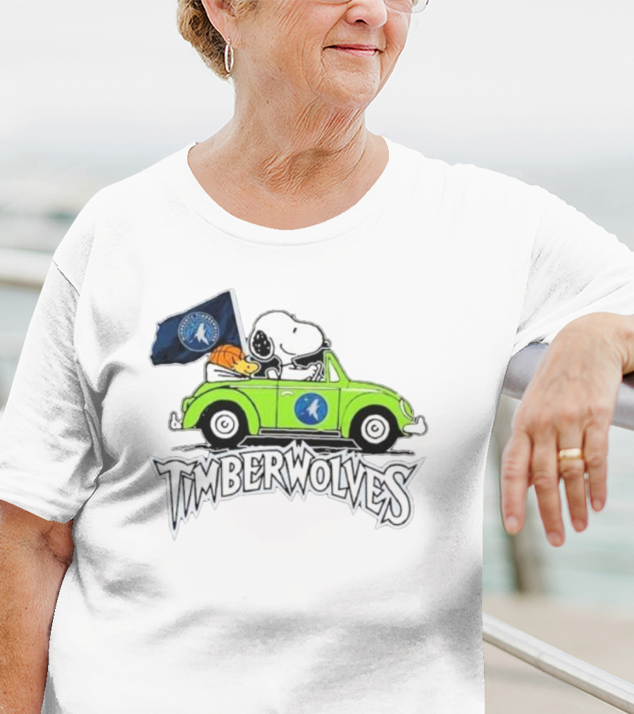 Minnesota Timberwolves Snoopy Forever Fan Driving Car With Timberwolves Flag T-Shirt