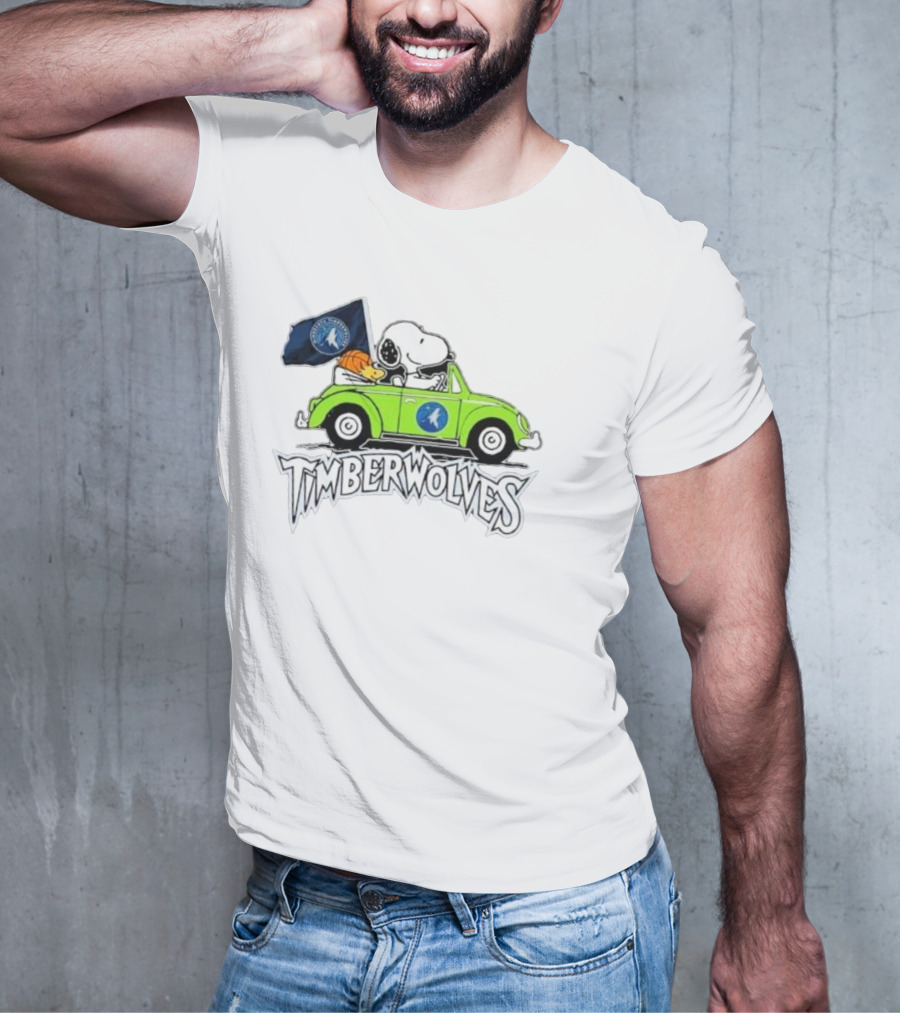 Minnesota Timberwolves Snoopy Forever Fan Driving Car With Timberwolves Flag T-Shirt