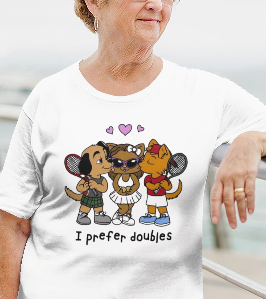 I Prefer Doubles Cute Animals With Tennis Rackets And Hearts T-Shirt