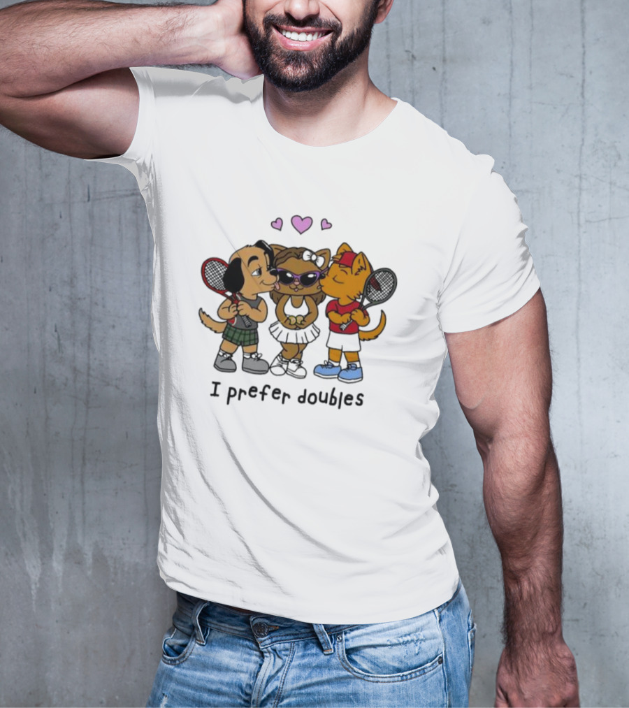 I Prefer Doubles Cute Animals With Tennis Rackets And Hearts T-Shirt