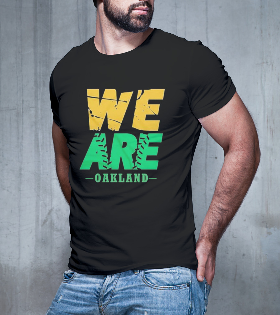 WE ARE OAKLAND Yellow Green Text Baseball Seam T-Shirt