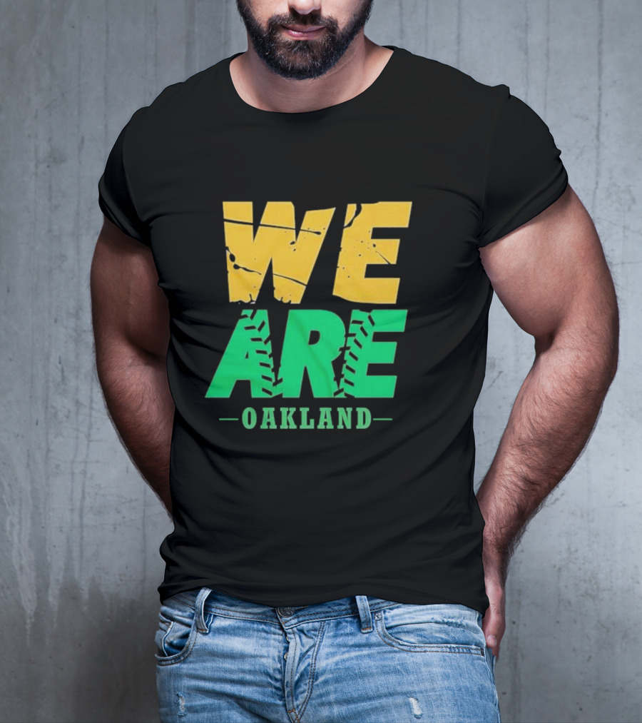 WE ARE OAKLAND Yellow Green Text Baseball Seam T-Shirt