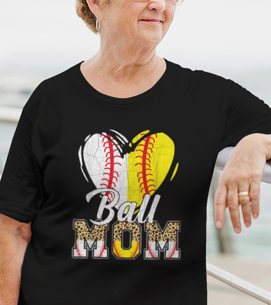 Ball Mom Heart Leopard Baseball Softball Vintage Women T-Shirt