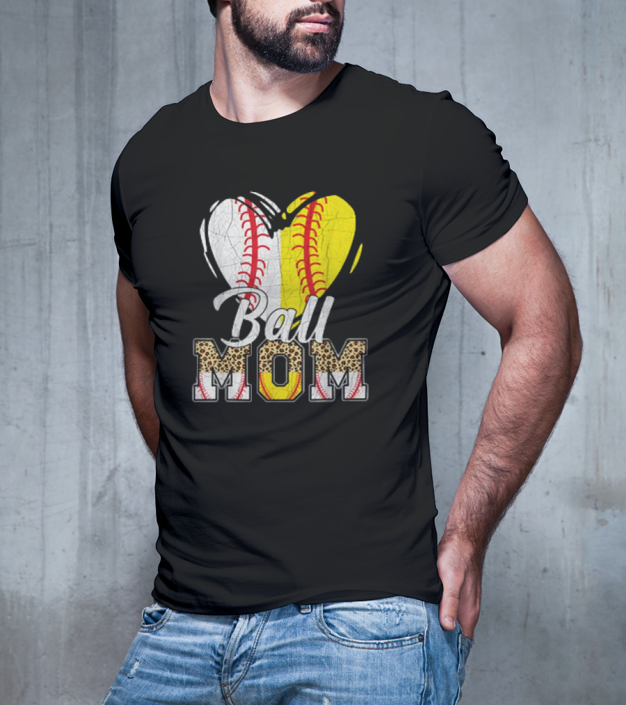 Ball Mom Heart Leopard Baseball Softball Vintage Women T-Shirt