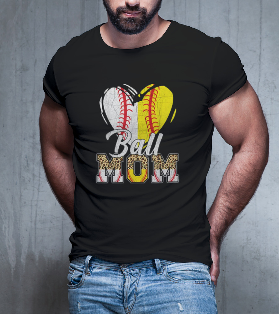 Ball Mom Heart Leopard Baseball Softball Vintage Women T-Shirt