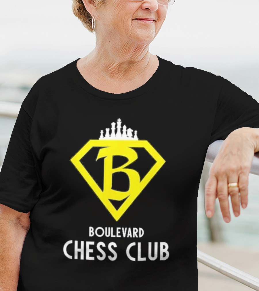 Boulevard Chess Club Logo With Yellow Diamond And Chess Pieces T-Shirt