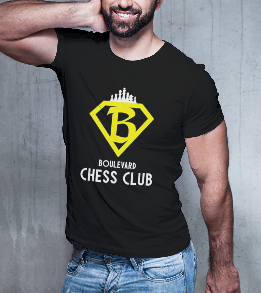 Boulevard Chess Club Logo With Yellow Diamond And Chess Pieces T-Shirt
