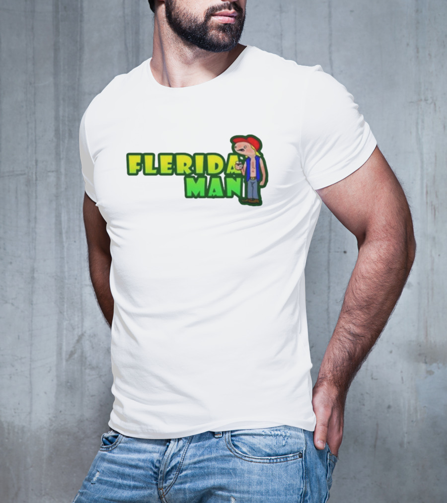 Flerida Man Beer Drinking Cartoon Character With Red Cap And Green Letters T-Shirt