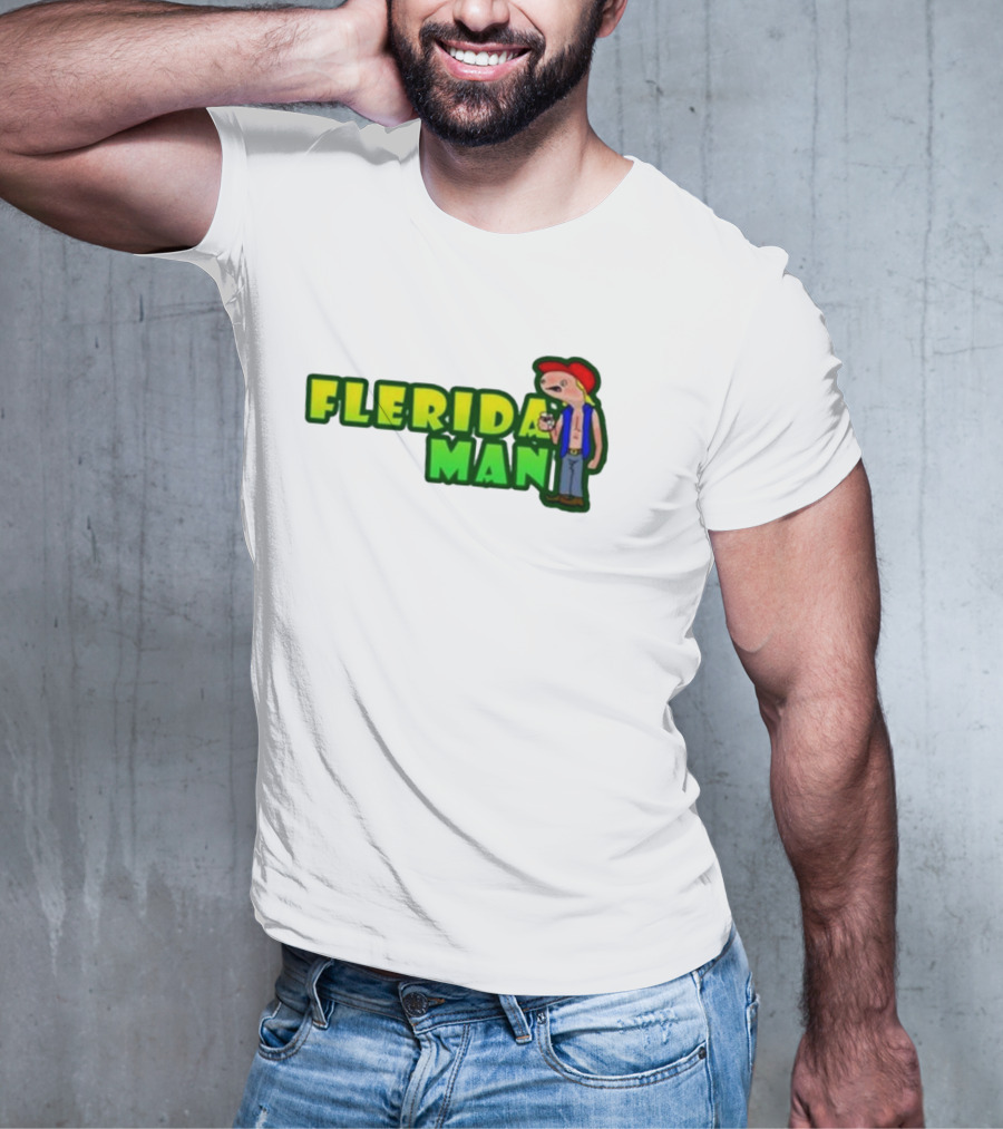Flerida Man Beer Drinking Cartoon Character With Red Cap And Green Letters T-Shirt