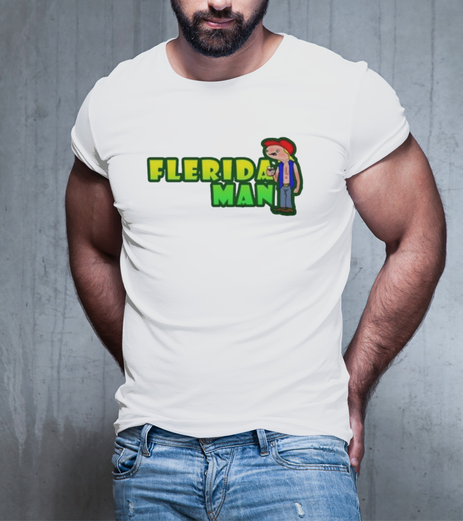 Flerida Man Beer Drinking Cartoon Character With Red Cap And Green Letters T-Shirt