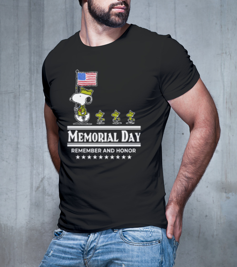 Memorial Day Snoopy And Woodstock Remember And Honor With American Flag T-Shirt