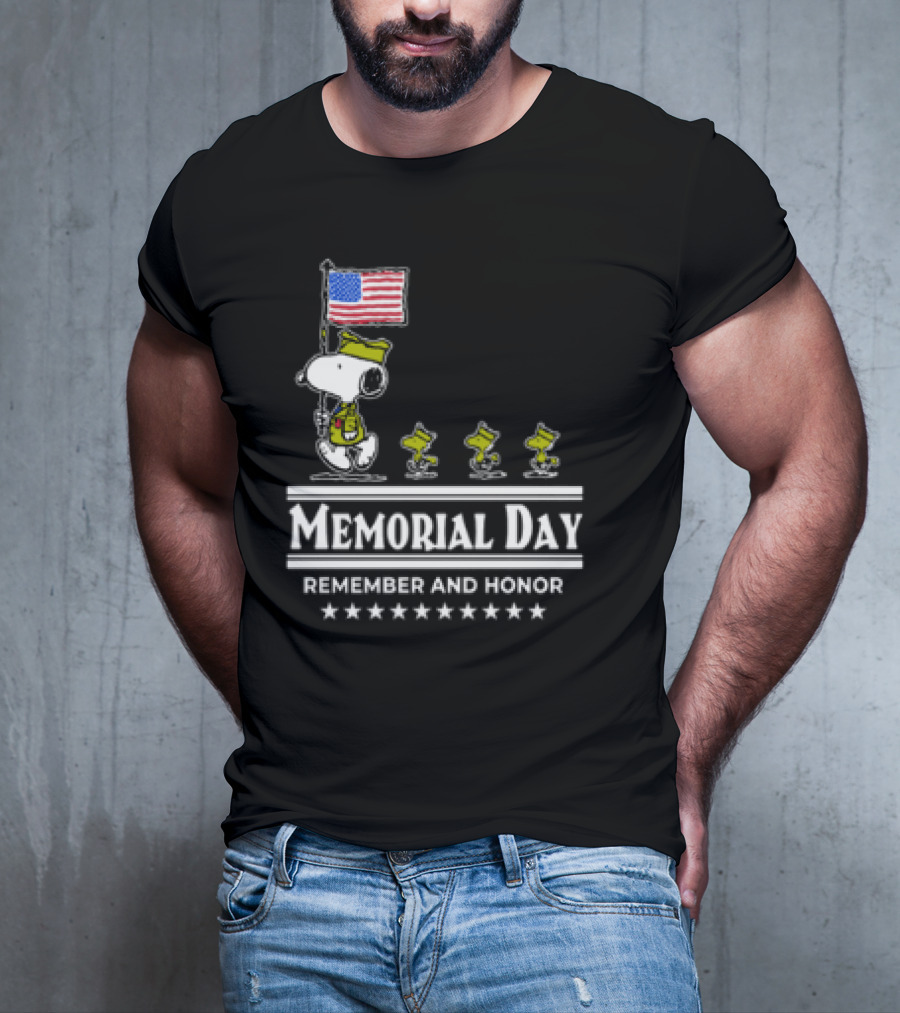Memorial Day Snoopy And Woodstock Remember And Honor With American Flag T-Shirt