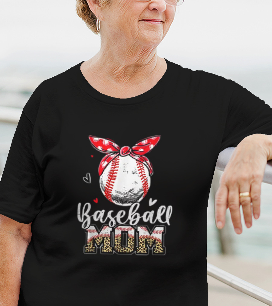 Leopard Baseball Mom Red Headband Baseball Ball Mother's Day Mama T-Shirt