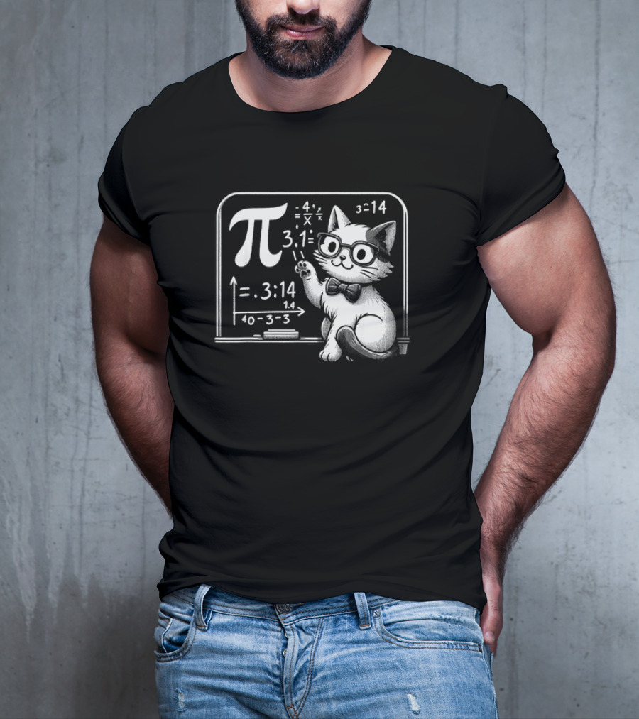 Pi 3.14 Cat With Glasses And Chalkboard Equations T-Shirt