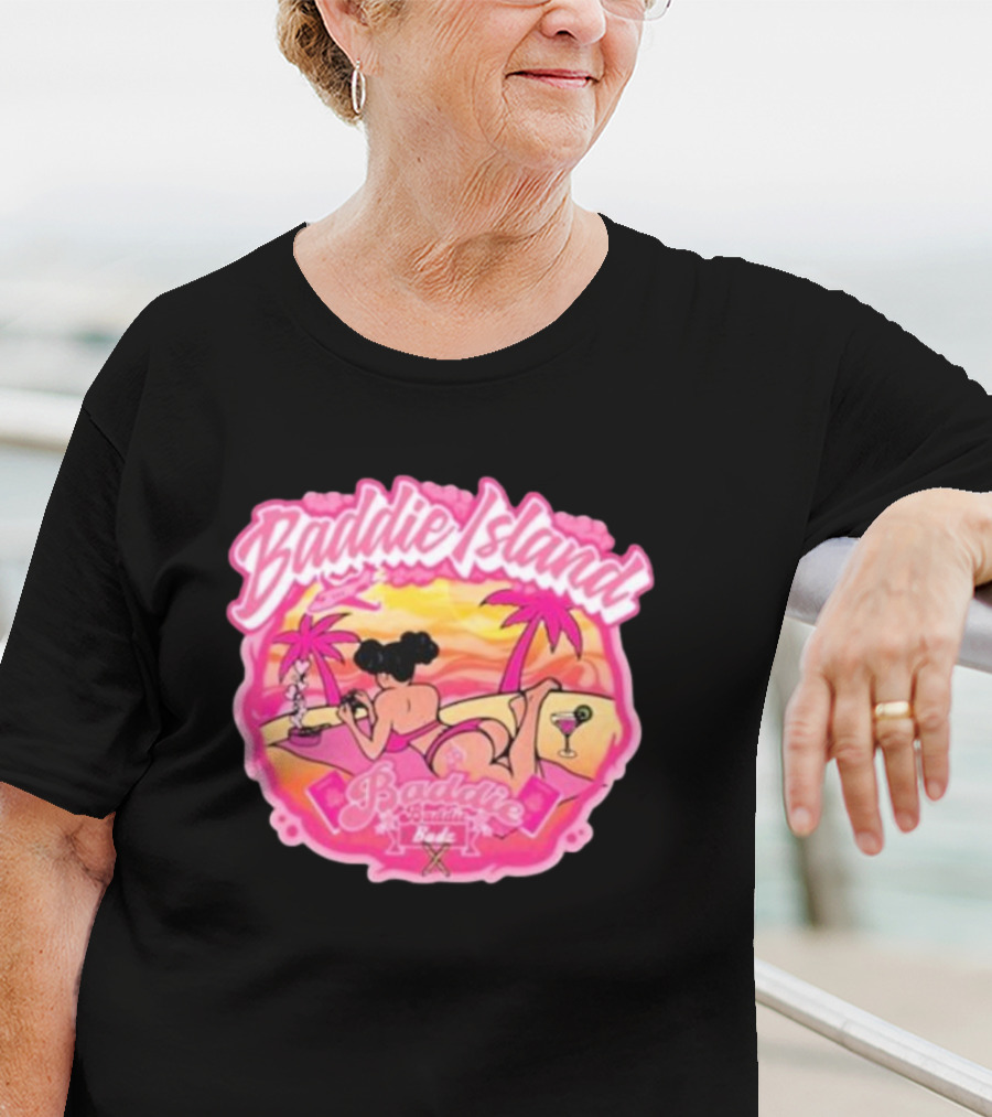 Baddie Island Summer Scene With Palm Trees And Cocktail Imagery - Baddie Budz Vibe T-Shirt
