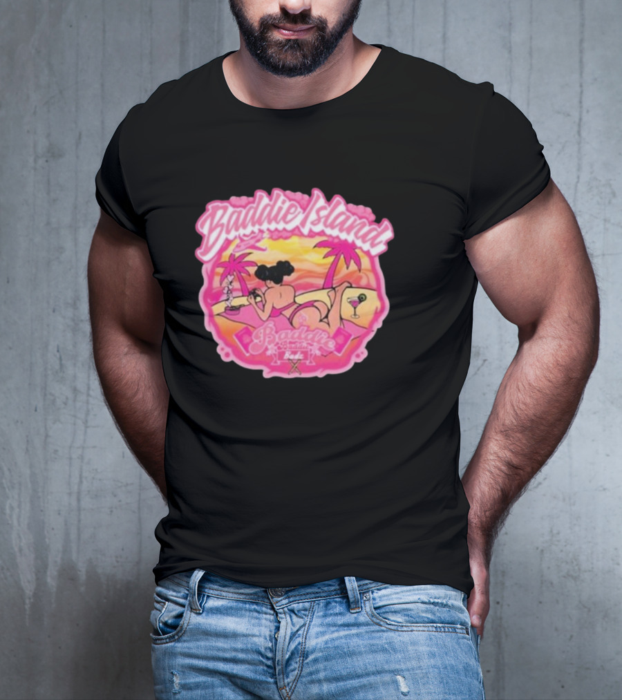 Baddie Island Summer Scene With Palm Trees And Cocktail Imagery - Baddie Budz Vibe T-Shirt