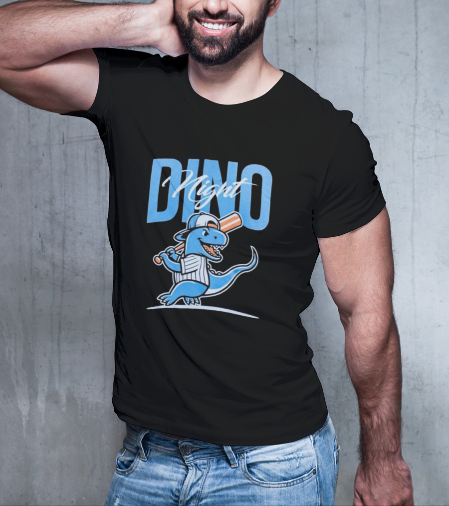 Dino Night Baseball Player Dinosaur In Cap With Bat T-Shirt