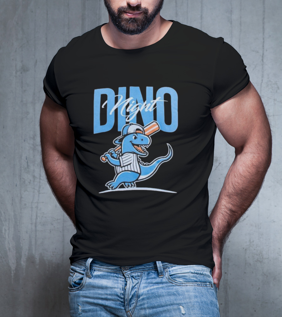 Dino Night Baseball Player Dinosaur In Cap With Bat T-Shirt