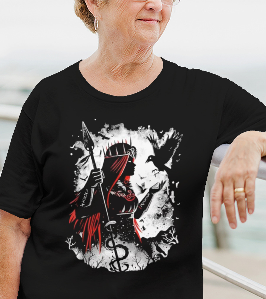 Goddess Of Fate And War With Spear And Raven T-Shirt