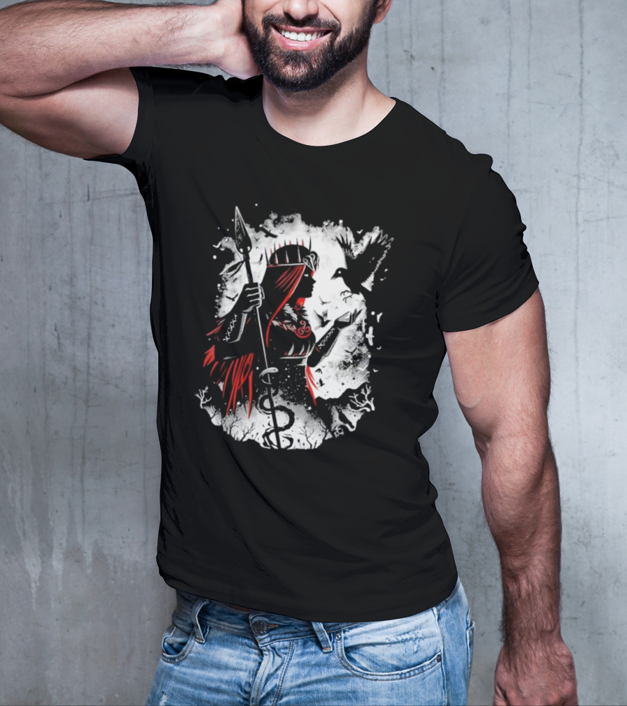 Goddess Of Fate And War With Spear And Raven T-Shirt