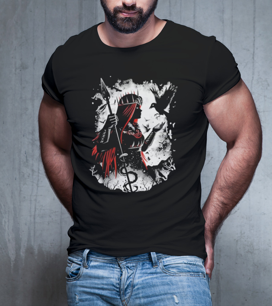 Goddess Of Fate And War With Spear And Raven T-Shirt