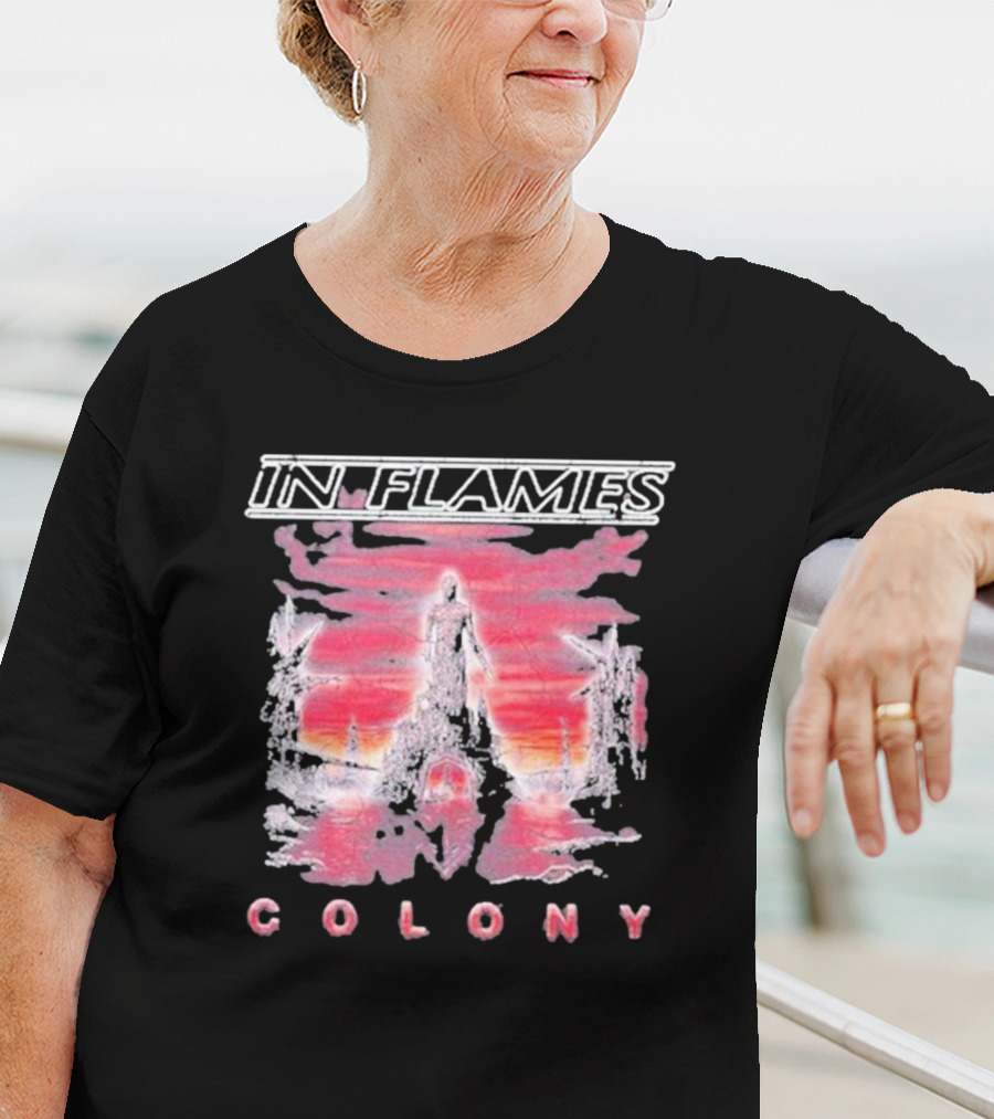 In Flames Colony Silhouette And Abstract Pink Brushstrokes T-Shirt