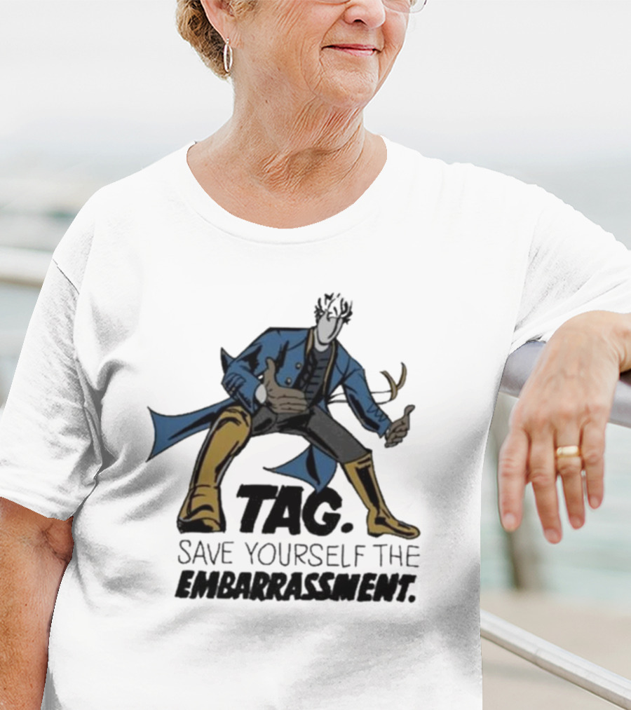 TAG Save Yourself The Embarrassment Mysterious Figure With Blue Coat And Yellow Boots T-Shirt