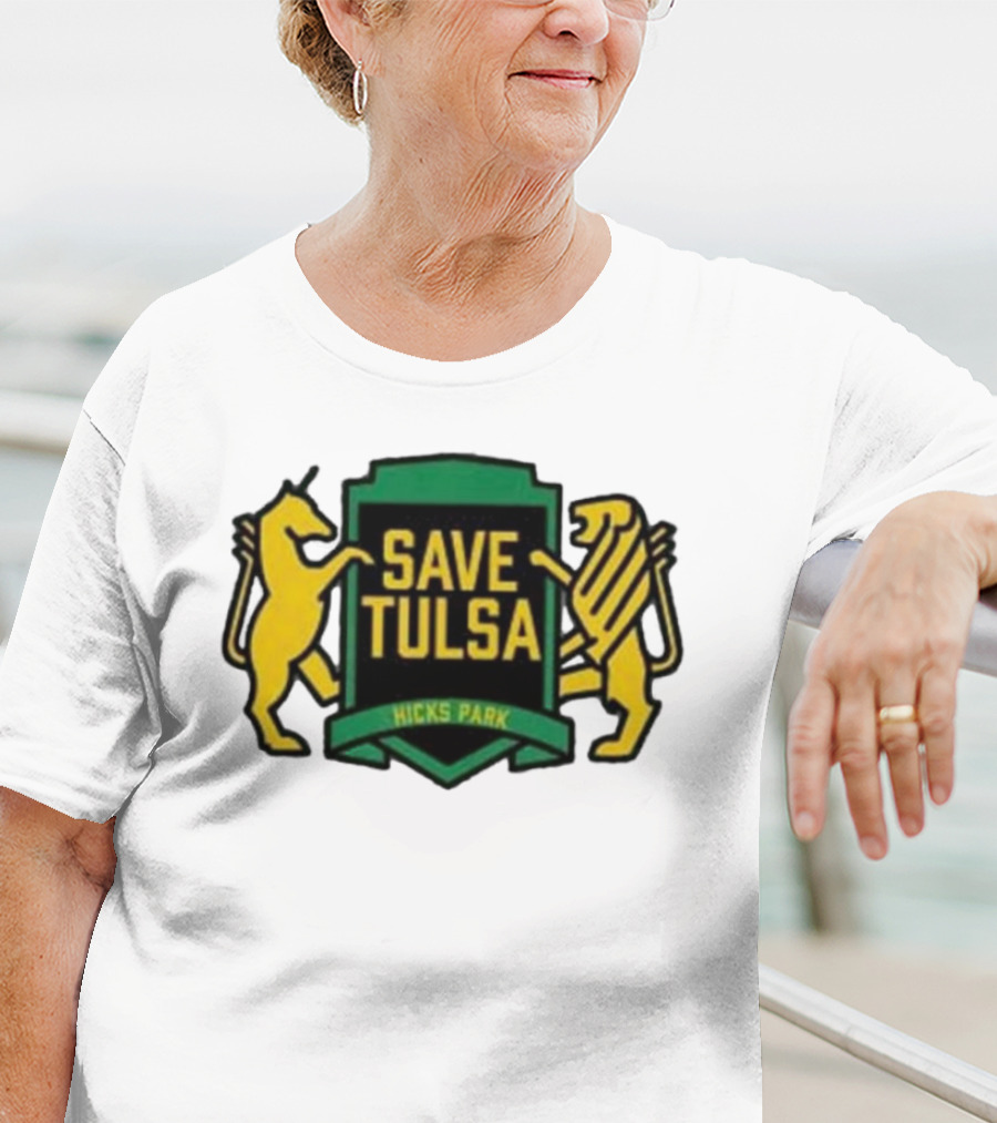 Save Tulsa Kicks Park Yellow Lion And Griffin Shield T-Shirt