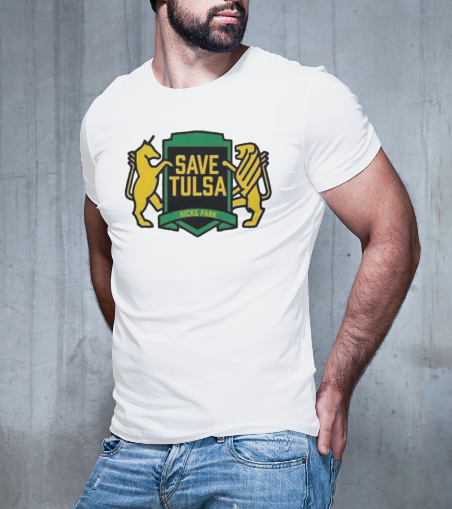 Save Tulsa Kicks Park Yellow Lion And Griffin Shield T-Shirt