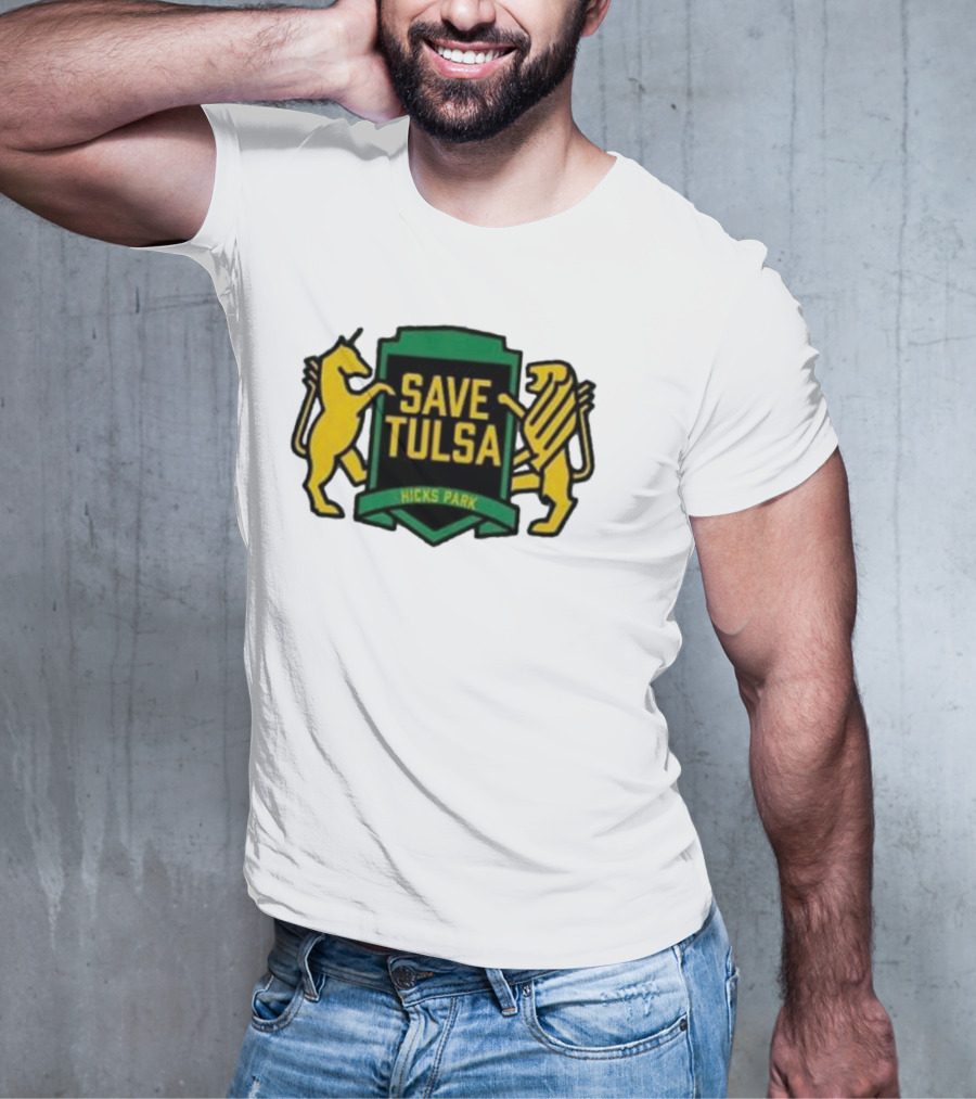 Save Tulsa Kicks Park Yellow Lion And Griffin Shield T-Shirt