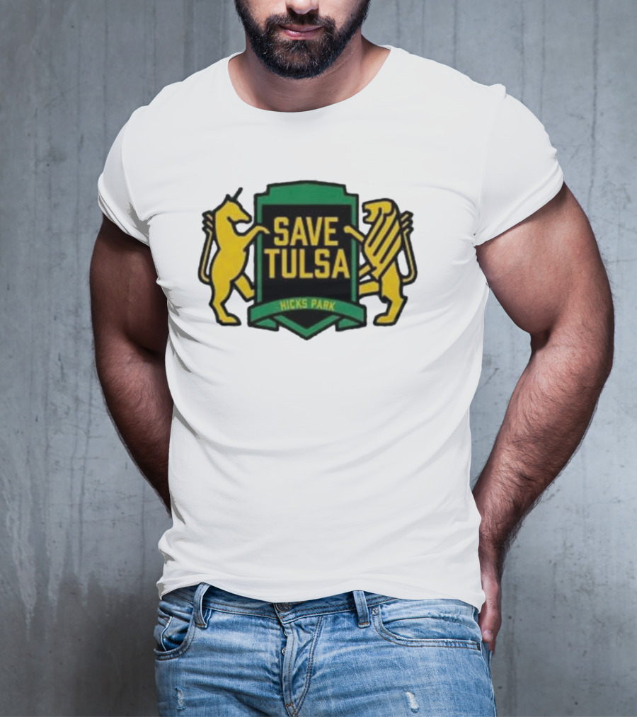 Save Tulsa Kicks Park Yellow Lion And Griffin Shield T-Shirt