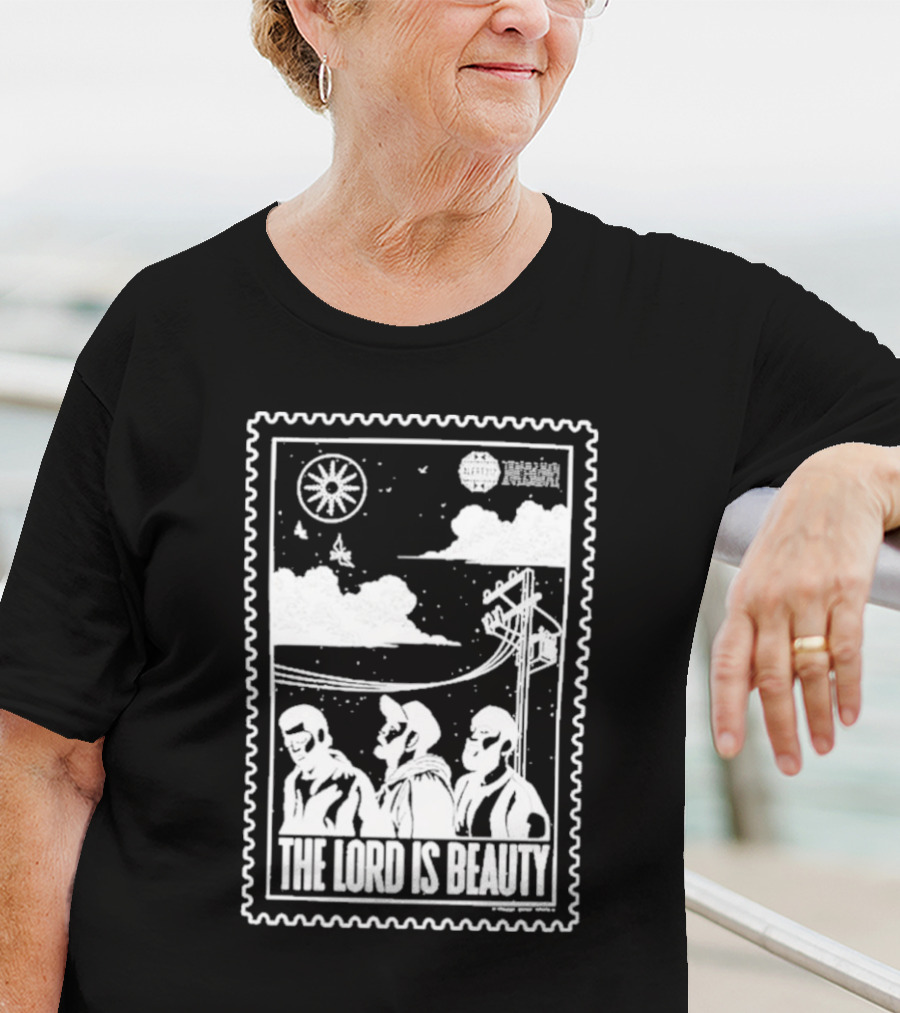 The Lord Is Beauty Three Figures Under Night Sky Clouds Birds Sun And Powerlines T-Shirt