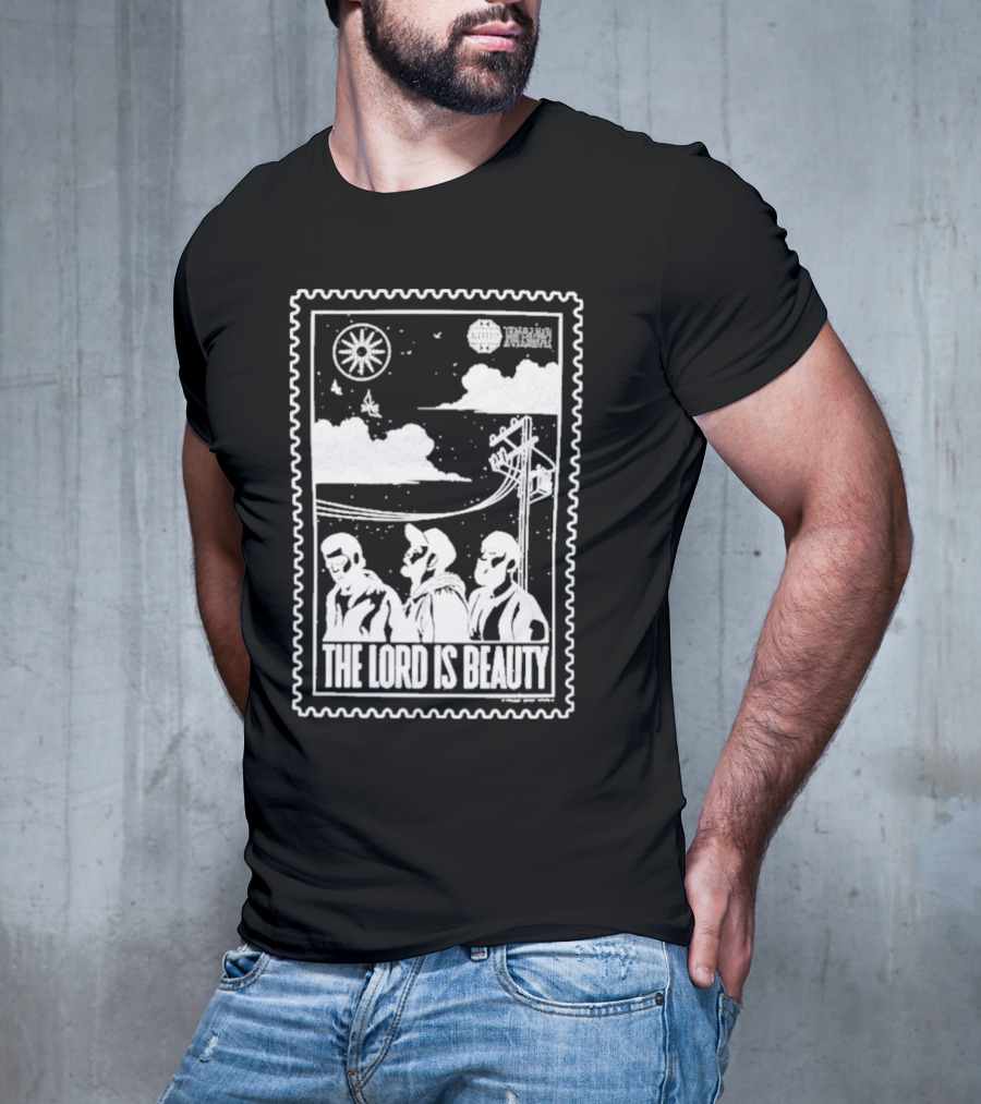 The Lord Is Beauty Three Figures Under Night Sky Clouds Birds Sun And Powerlines T-Shirt