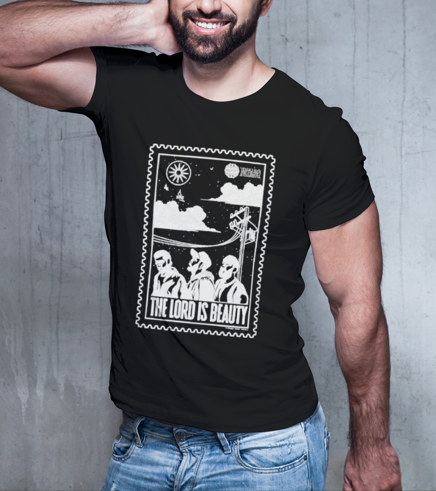 The Lord Is Beauty Three Figures Under Night Sky Clouds Birds Sun And Powerlines T-Shirt