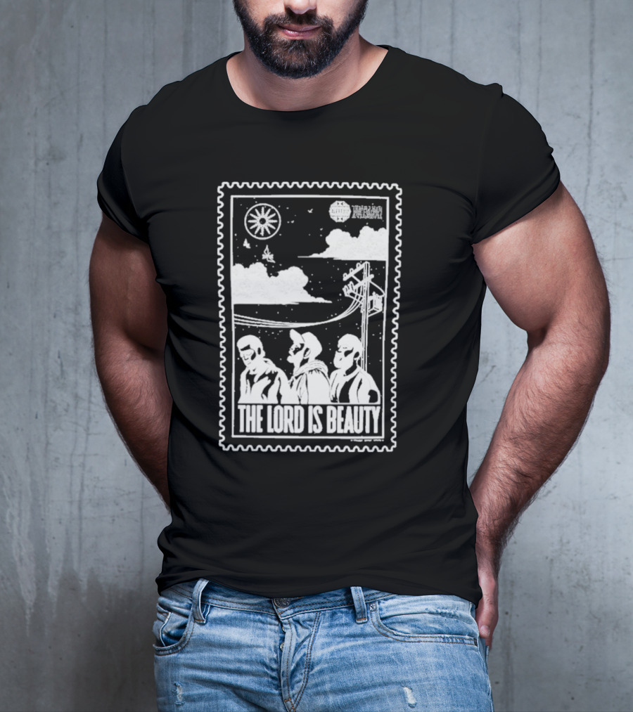 The Lord Is Beauty Three Figures Under Night Sky Clouds Birds Sun And Powerlines T-Shirt