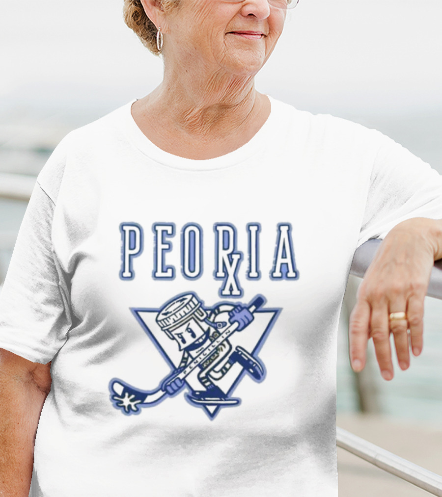 Peoria Hockey Mascot Penicillin Character With Syringe And Hockey Stick T-Shirt