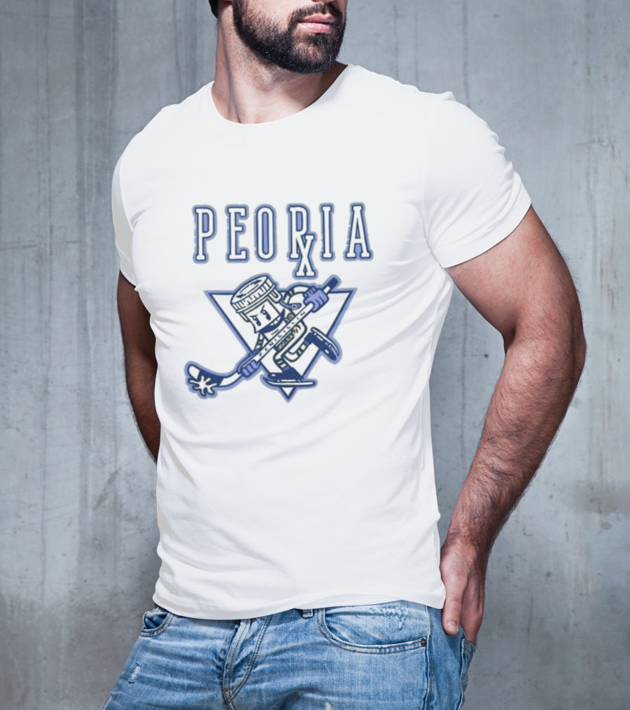 Peoria Hockey Mascot Penicillin Character With Syringe And Hockey Stick T-Shirt