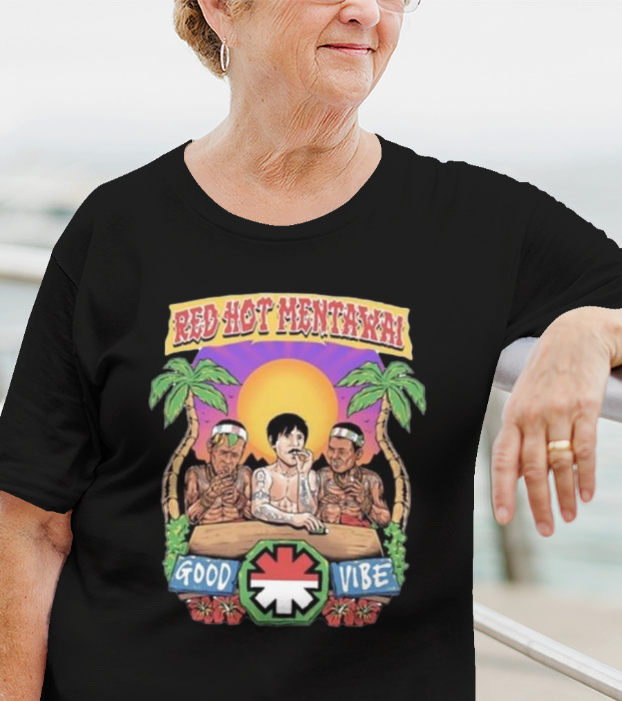 Red Hot Mentawai Good Vibe Sunset Island Scene With Palm Trees And Tattooed Trio T-Shirt