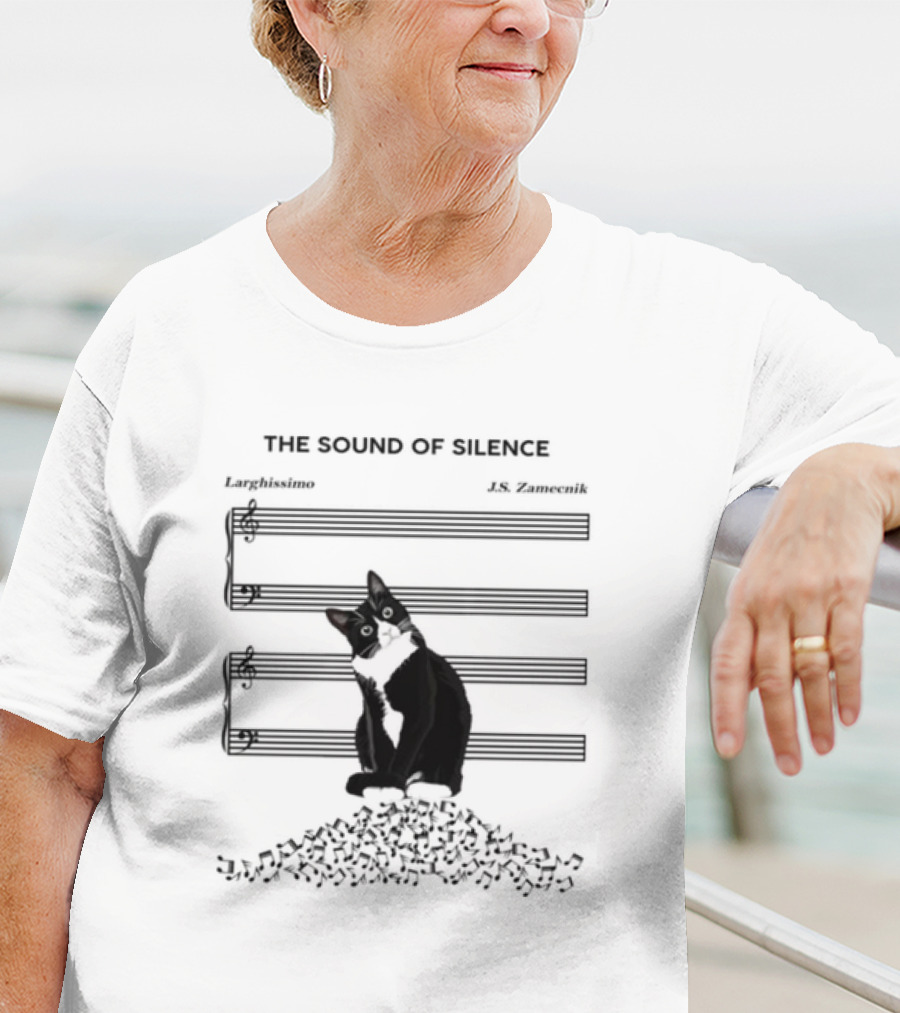 Black Cat Sitting On Music Notes The Sound Of Silence J.S. Zamecnik Larghissimo T-Shirt