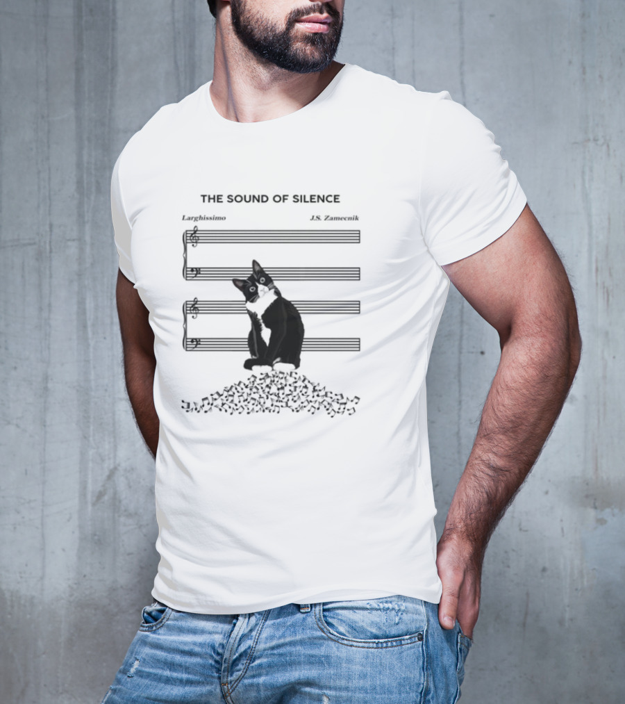 Black Cat Sitting On Music Notes The Sound Of Silence J.S. Zamecnik Larghissimo T-Shirt