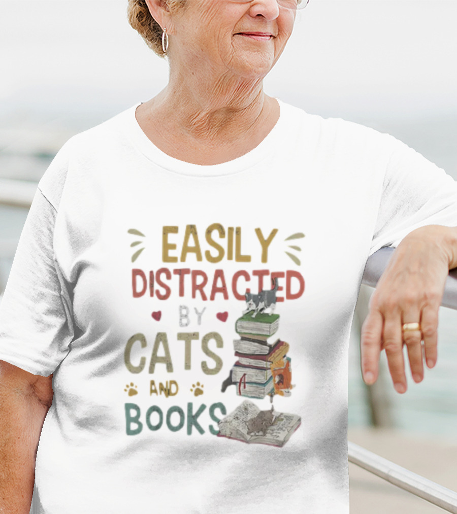 Easily Distracted By Cats And Books Stack Cats 365 Book Lover T-Shirt