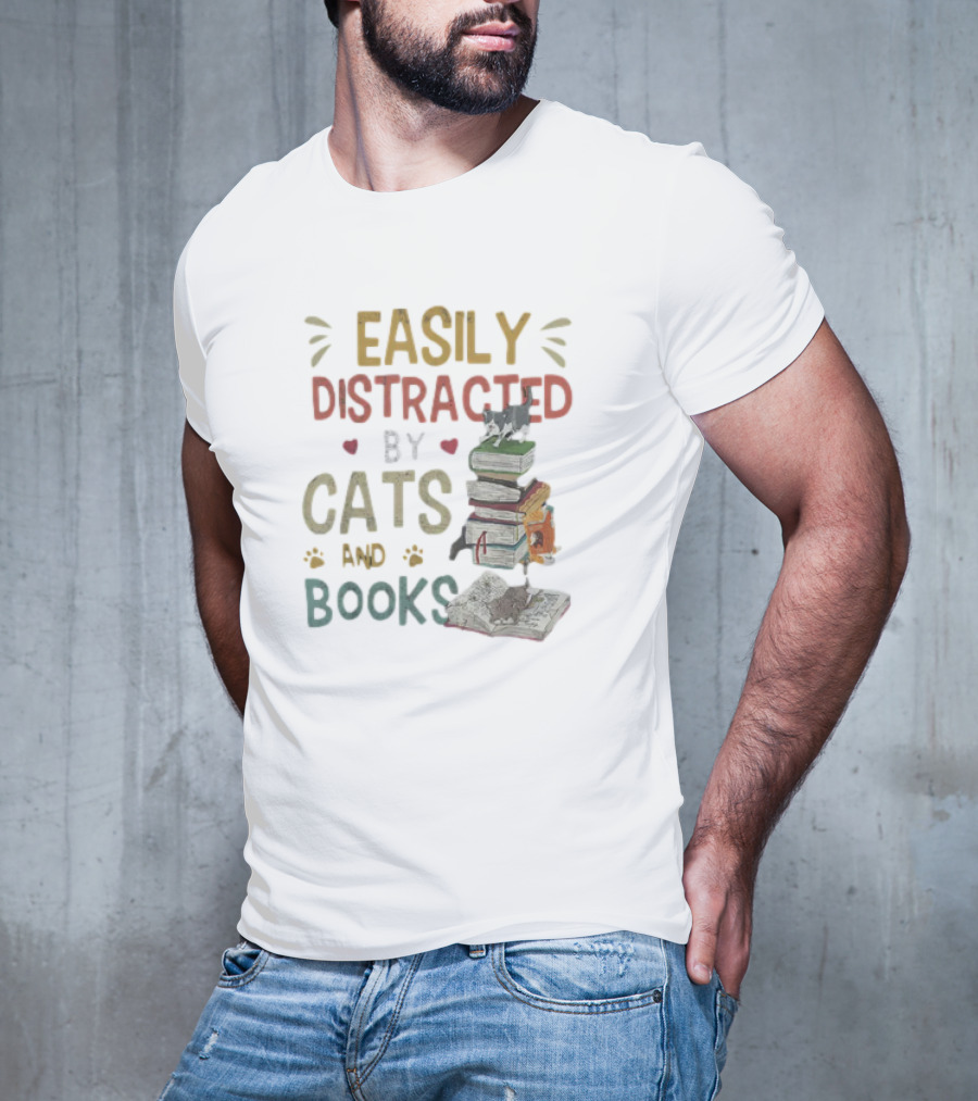 Easily Distracted By Cats And Books Stack Cats 365 Book Lover T-Shirt