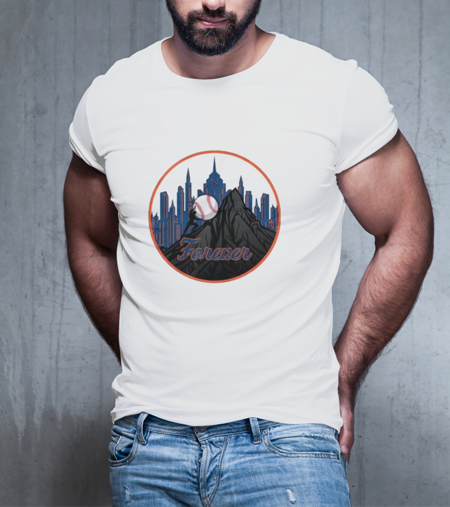 New York Met Fan Forever Skyline Baseball Statue T-Shirt