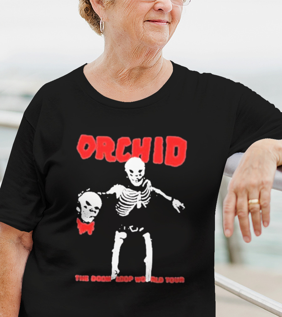 Orchid Skeleton Holding Skull The Doom Loop World Tour T-Shirt