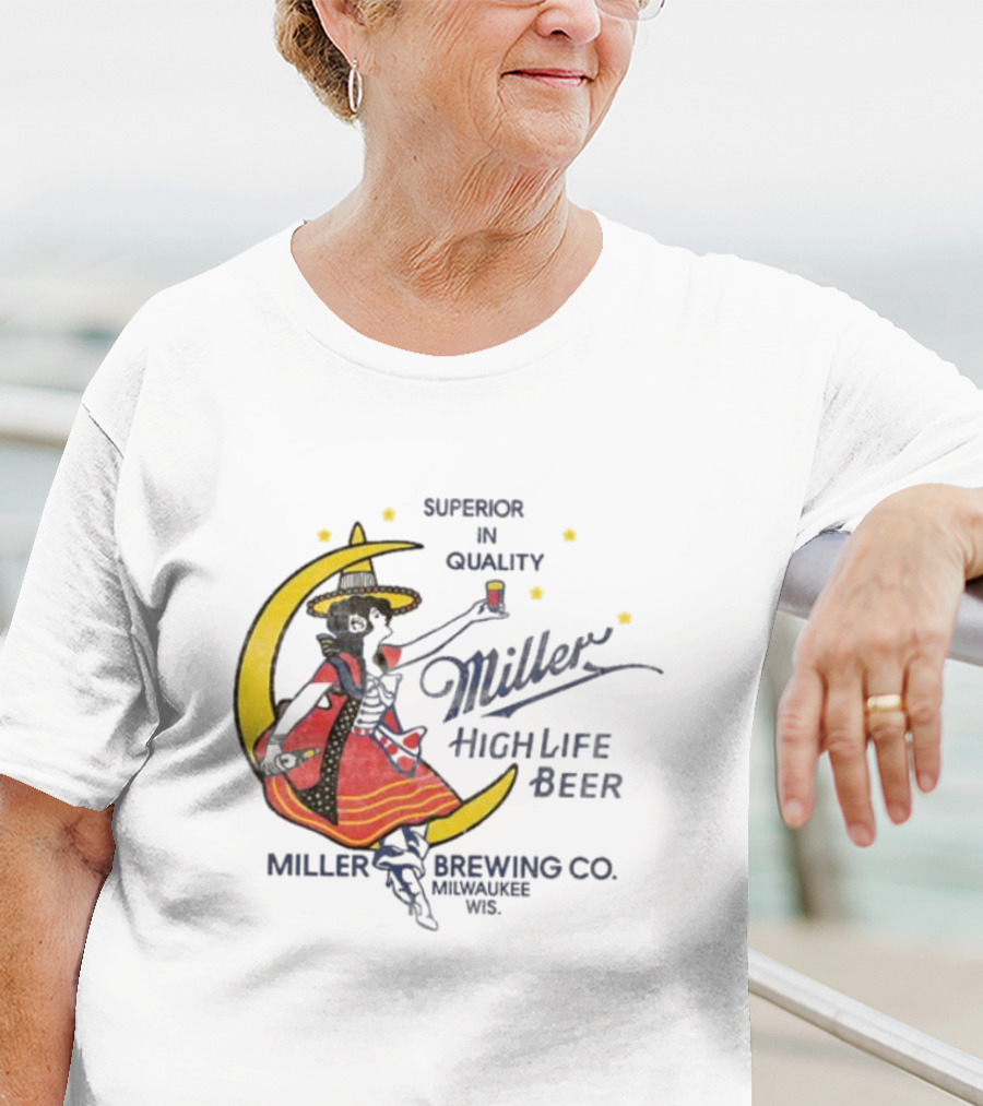 Superior Quality Miller High Life Beer Moon Lady Milwaukee Brewing Co T-Shirt