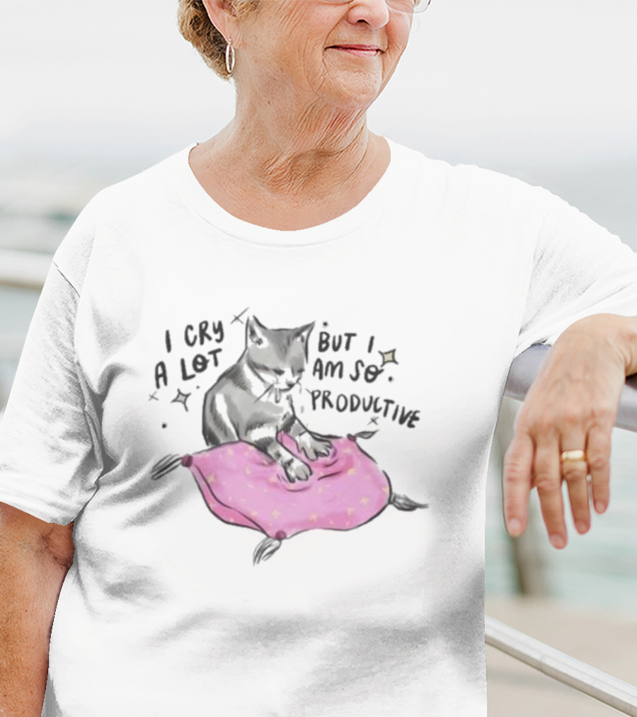 I Cry A Lot But I Am So Productive Funny Cat With Pink Blanket T-Shirt