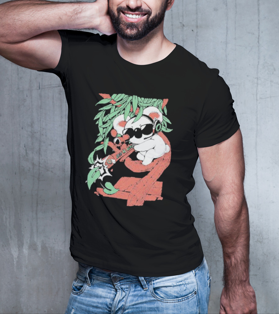 Flyquest Leaf Me Alone Koala Sniper On Tree Branch With Sunglasses And Headphones T-Shirt